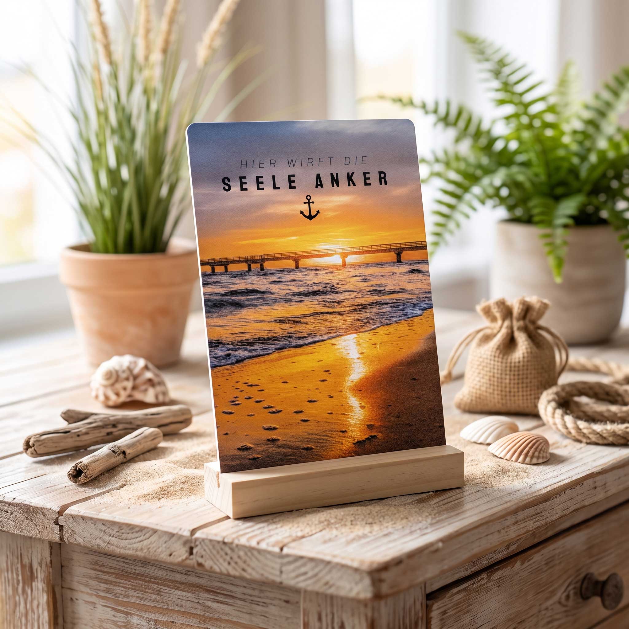 Acrylaufsteller mit Holzsockel – "Hier wirft die Seele Anker"